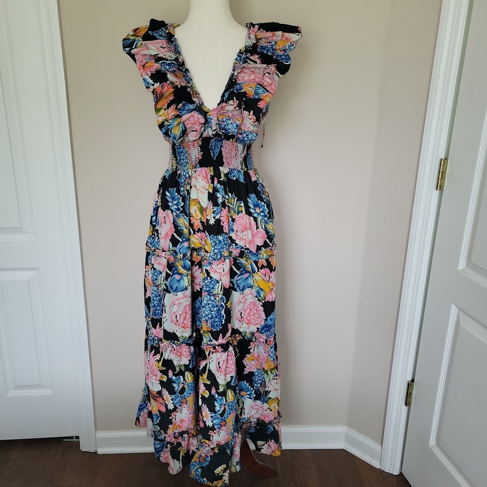 Anthropologie Love the Label Topanga Maxi Dress S Ruffled Resort Tiered Smocked